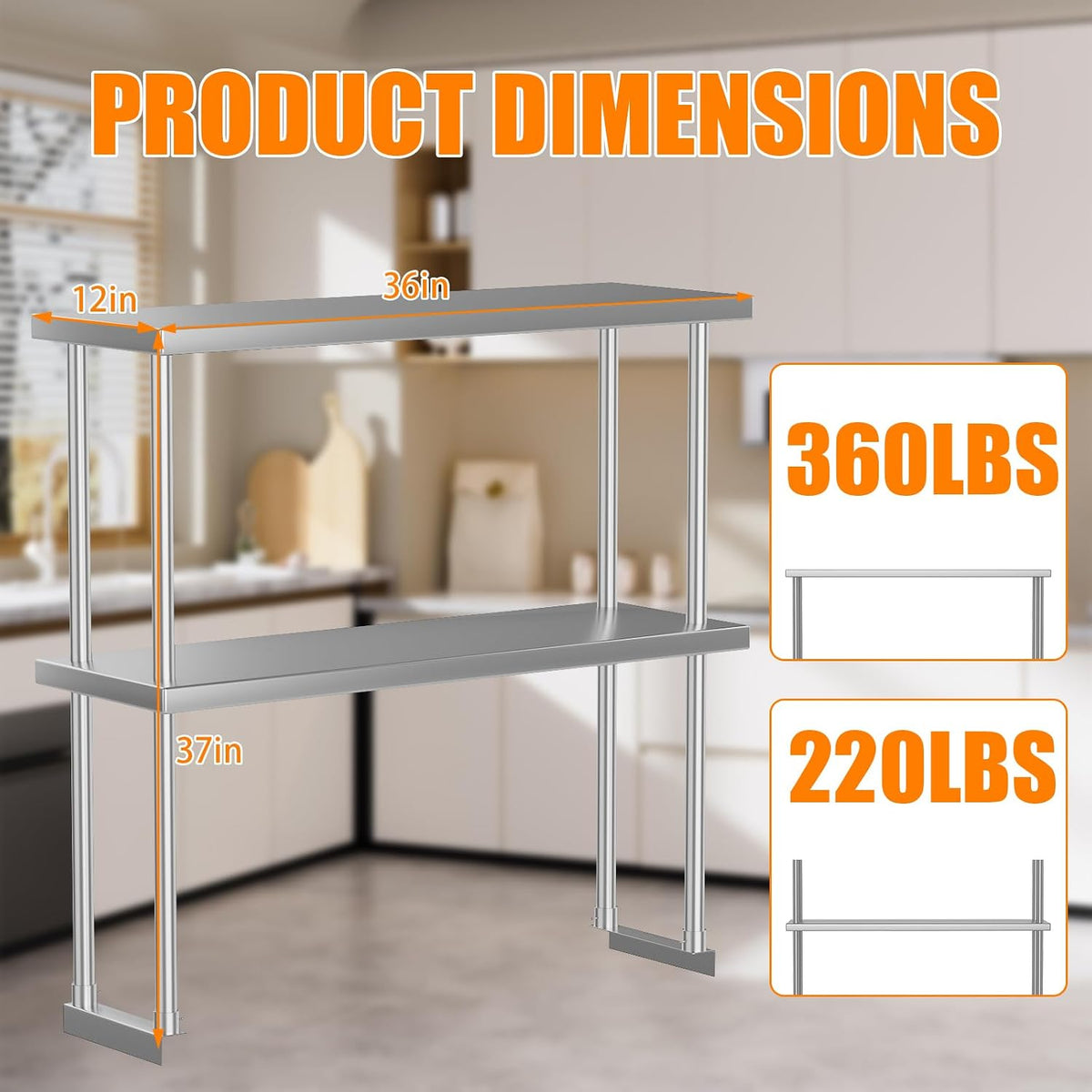 2-Tier Stainless Steel Overshelf for Work & Prep Table, 12x36 inch Commer...
