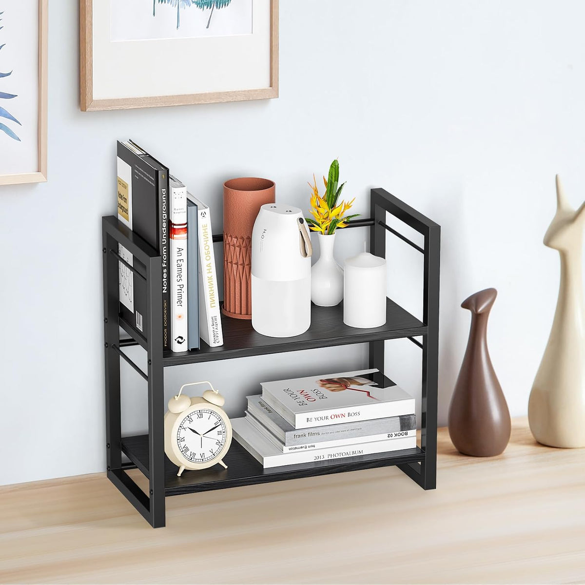 Office Desk Shelf Organizer, Wood Desktop Bookshelf Supplies Storage Rack, Sh...