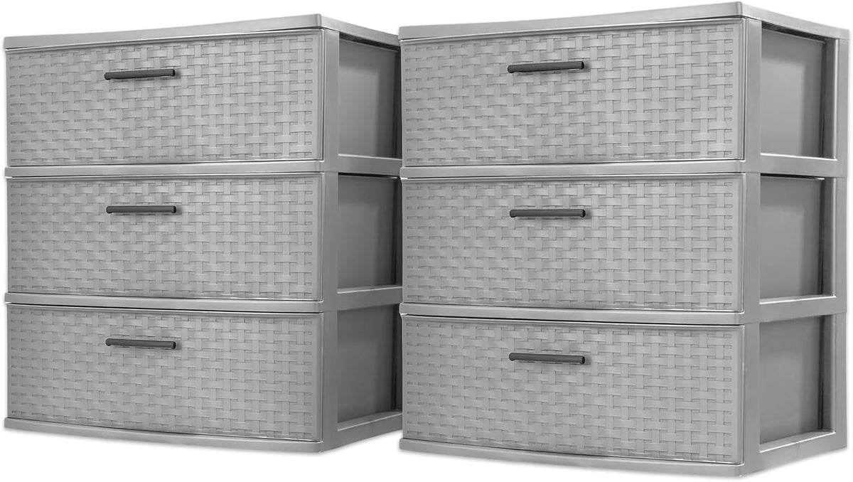 Sterilite Wide 3 Drawer Storage Tower, Weave Pattern, Cement, 2-Pack