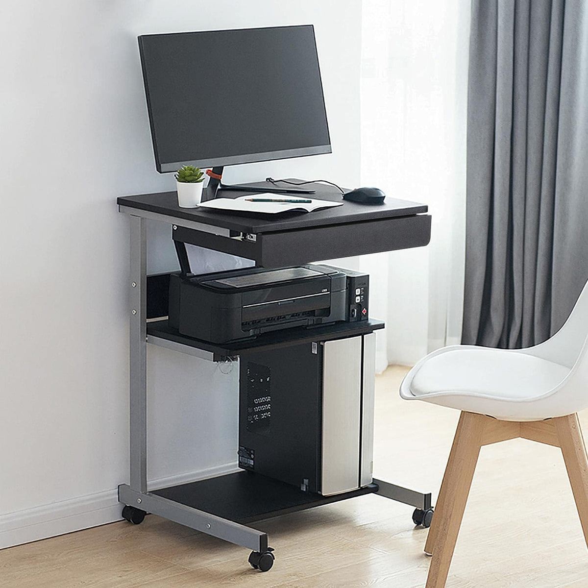 Yaheetech Tiny Mobile Computer Desk, 3-Tier Rolling Cart with Drawer, Black