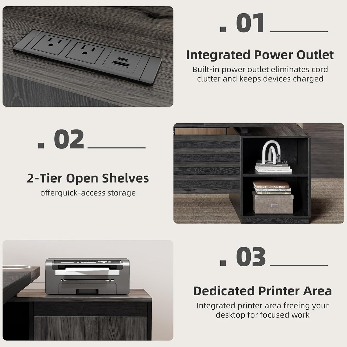 Epecoya L Shaped Desk with Drawers and Open Shelf 78-Inch, Grey Black