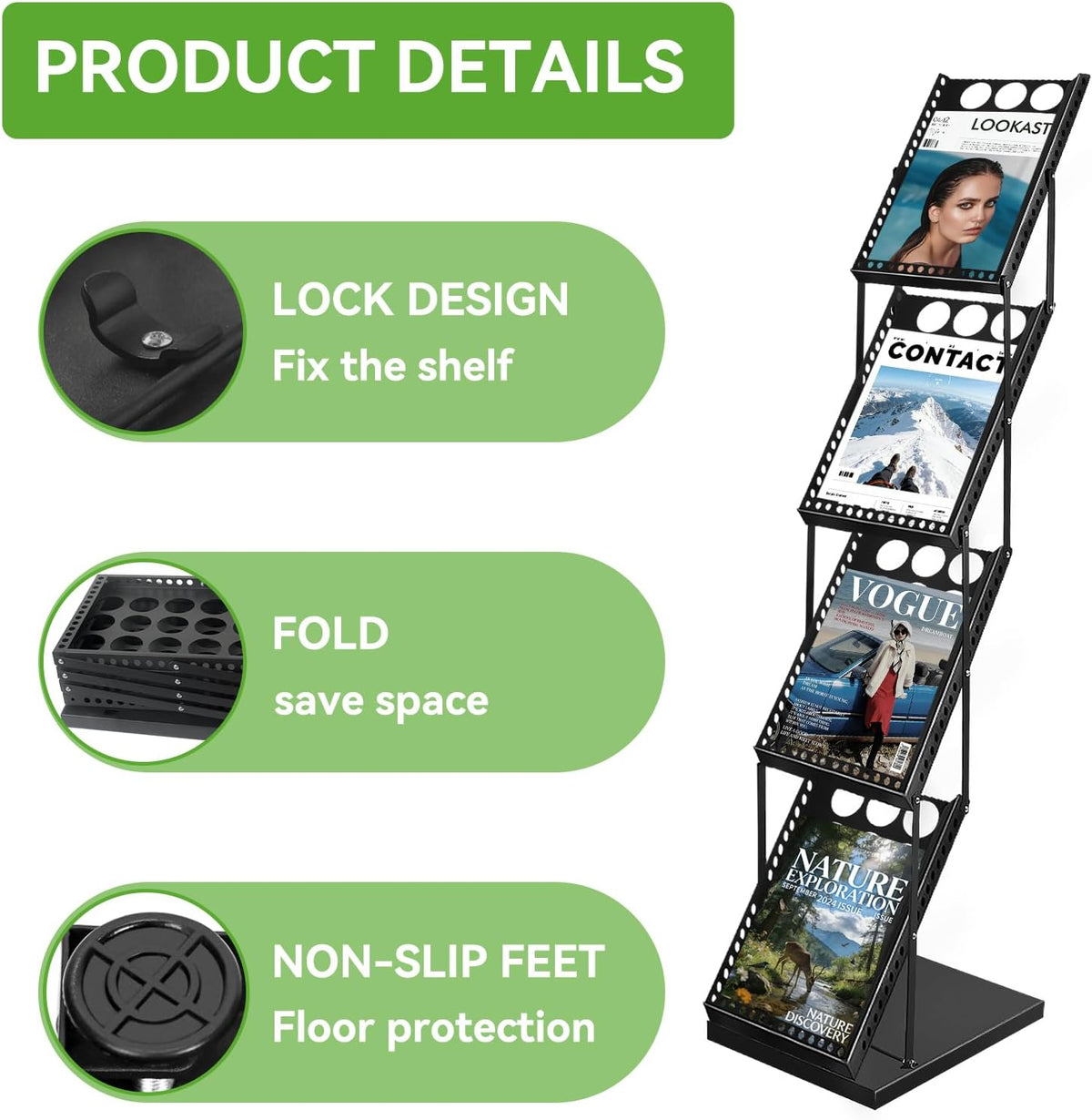 YDisplay Foldable Magazine Display Rack 4-Tier Brochure Literature Display St...