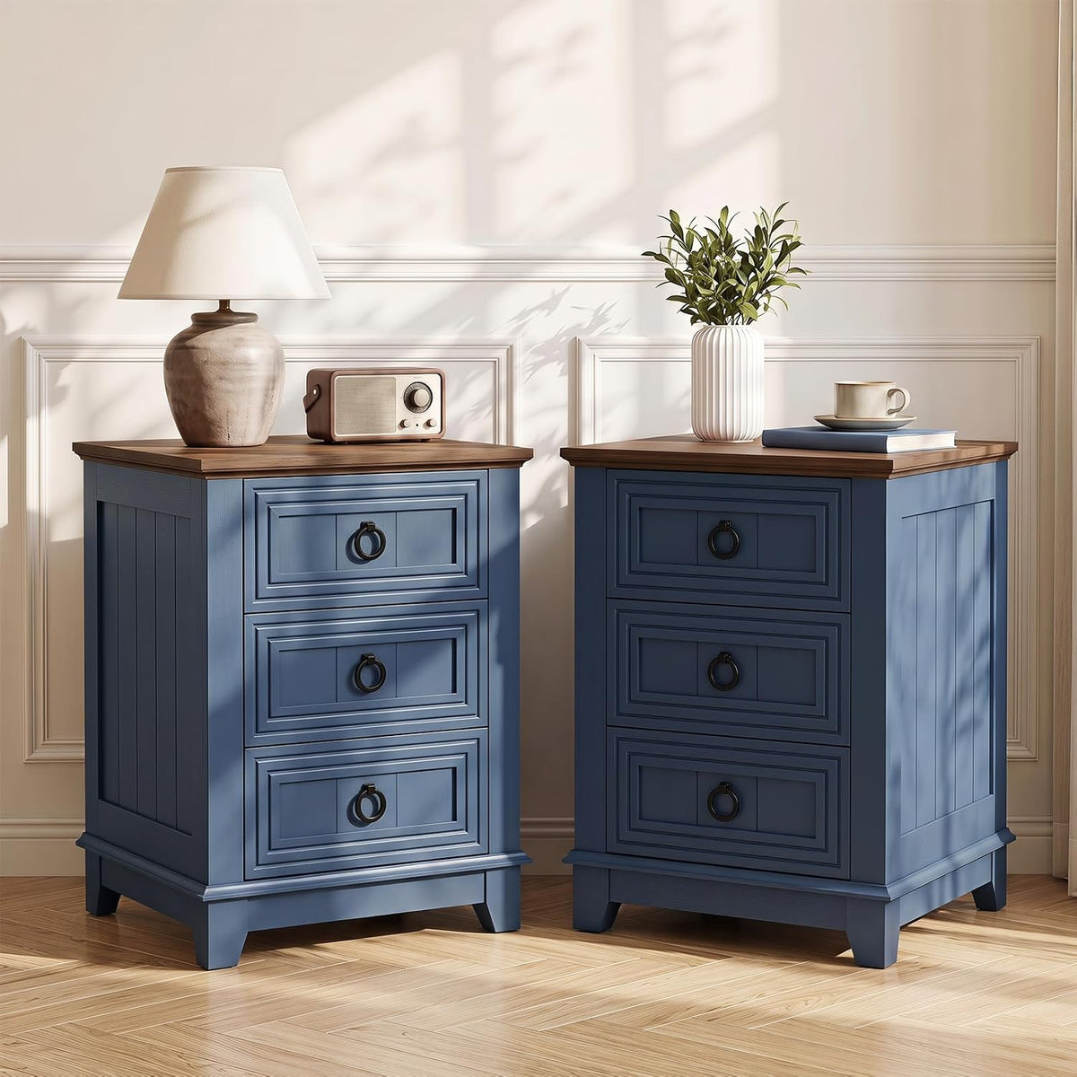 Joaxswe Farmhouse Nightstand, 18'' End Table with 3 Drawer Metal Handle