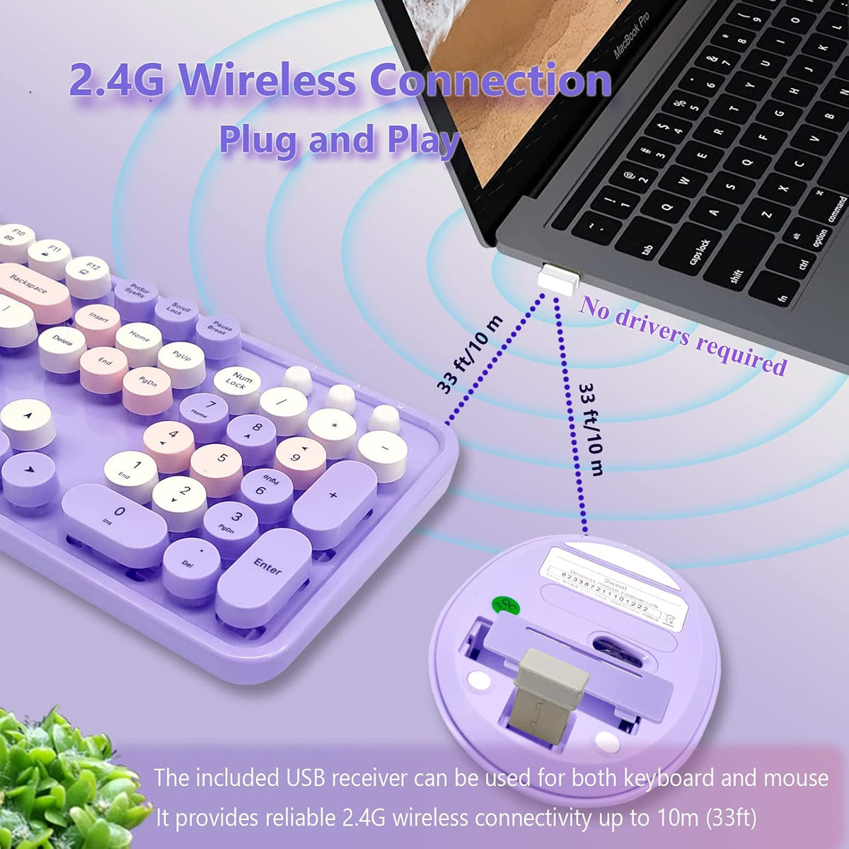 Purple Retro Typewriter Wireless Keyboard and Mouse Combo for Home Office