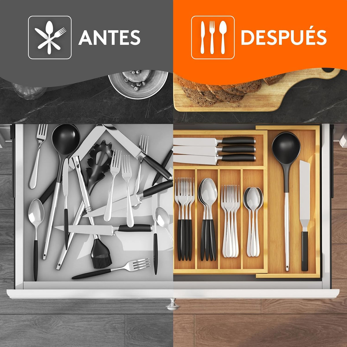 Lifewit Silverware Drawer Organizer, Wooden Utensil Tray for Kitchen