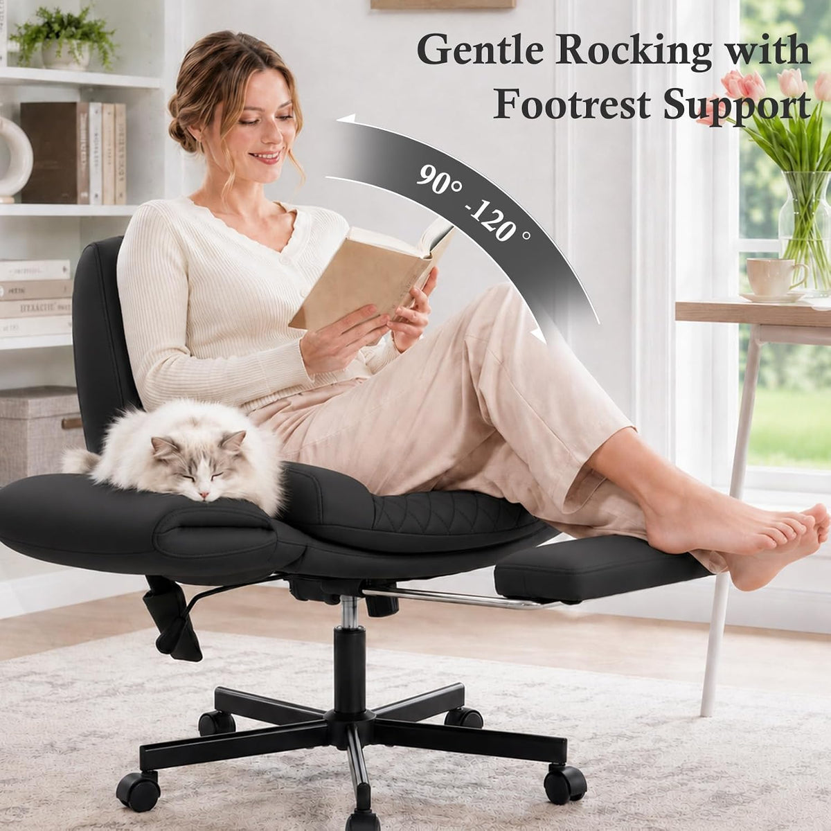 Criss Cross Office Chair with Footrest, Scratch-Resistant PU Leather, Black