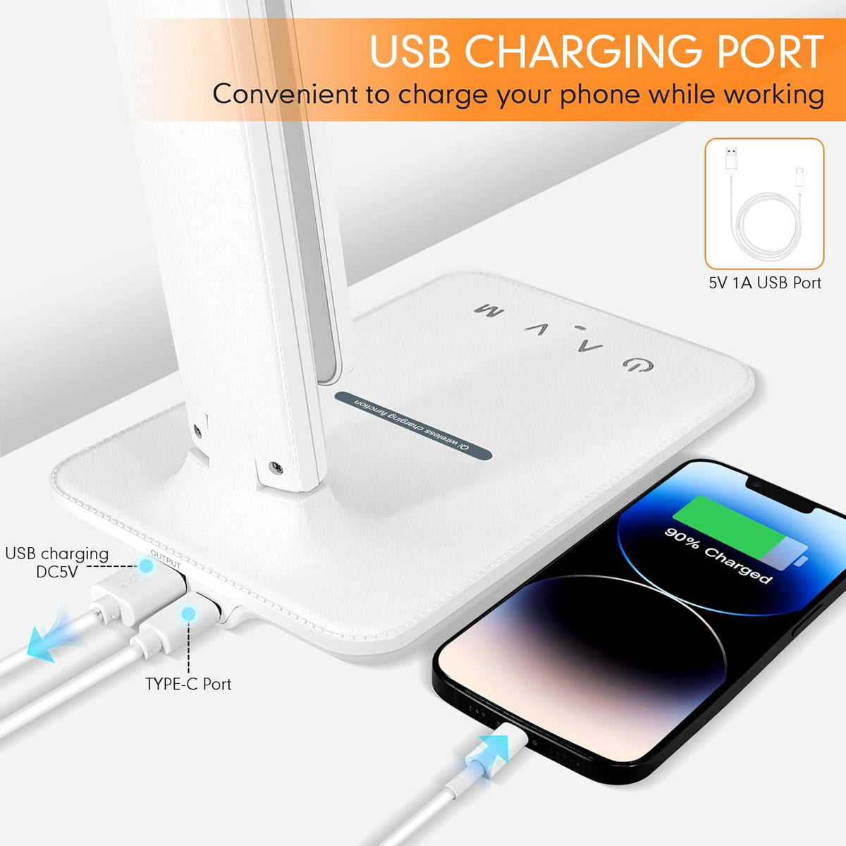 White crown LED Desk Lamp with 15W Wireless Charger & USB Port, Dimmable ...