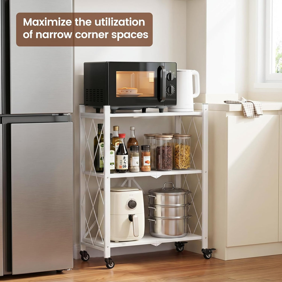 ALANNG 3 Tier Folding Shelf on Wheels, Heavy Duty Rolling Storage Cart