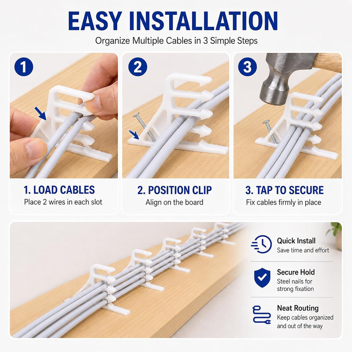 Multi-Cable Staples 200 Pack, White Electrical Wire Stackers, Steel Nails