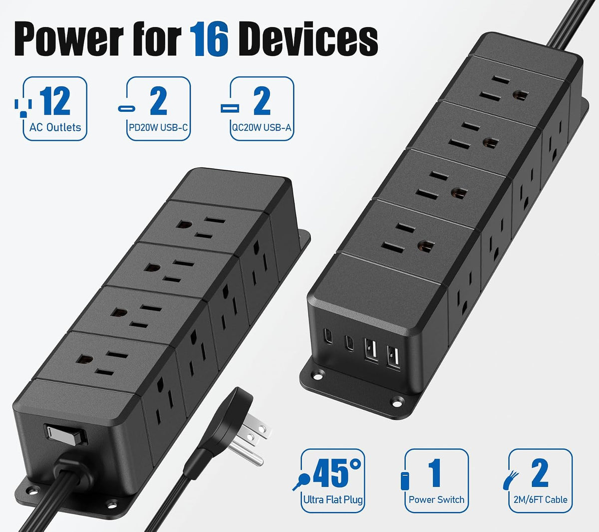 40W Under Desk Power Strip with Switch 12 Outlet 4 USB 1200J 10FT Black