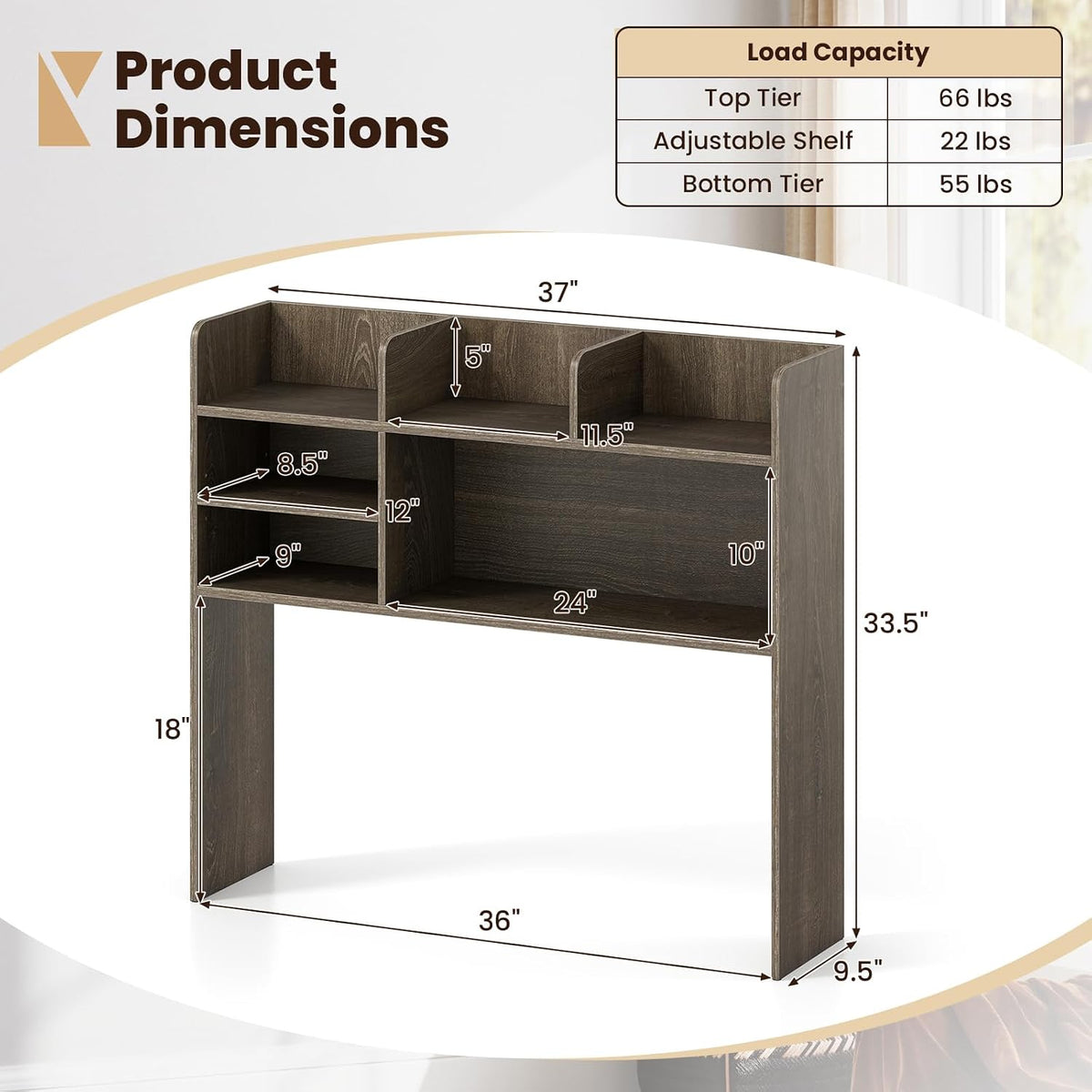 GIANTEX Desktop Bookshelf, 37" Desk Hutch Dorm for Computer Up to 32 Inc...