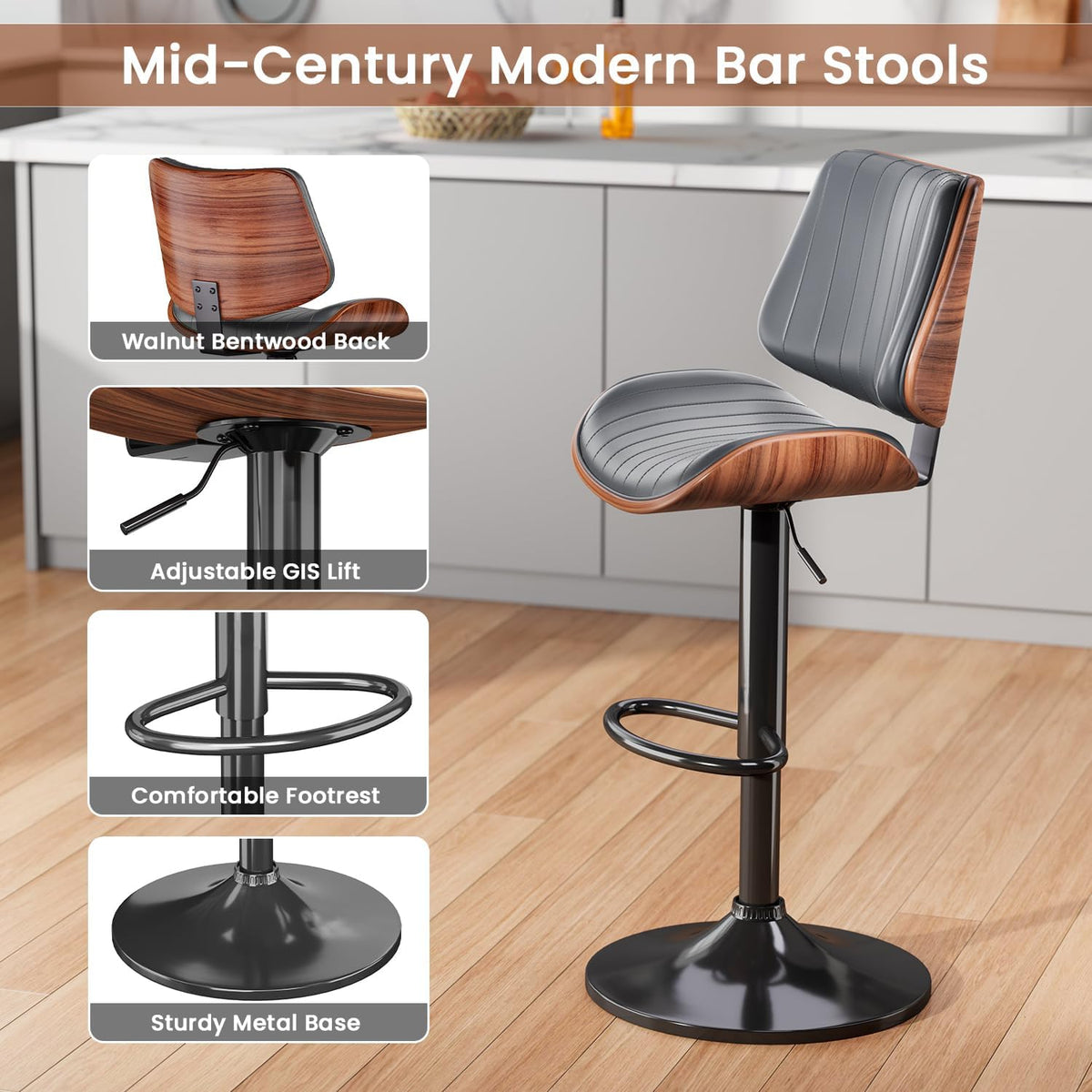 Swivel Bar Stools 4PCS, Adjustable Bentwood Barstools for Kitchen Counter