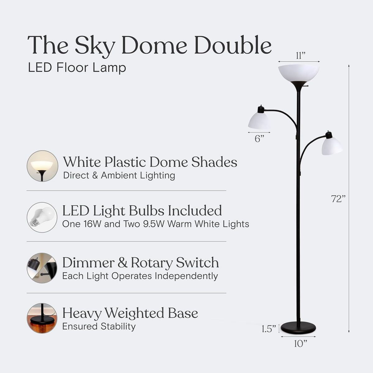 Brightech Sky Dome Double LED Floor Lamp, Torchiere Super Bright Floor Lamp w...