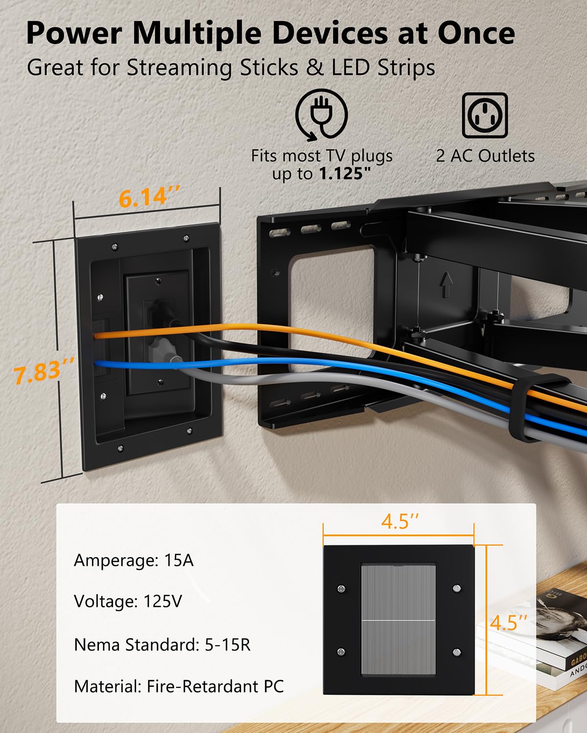 FORGING MOUNT in-Wall Cable Management Kit with Recessed Power Outlet Box,Cor...