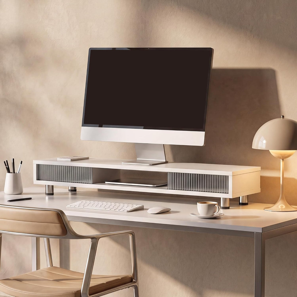 Fenge Dual Monitor Stand with Storage, Desk Shelf with Glass Sliding Door