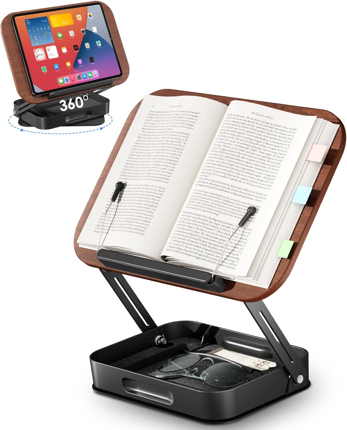 Viozon 360° Rotating Ergonomic Book Stand for Reading - Adjustable Wood Book ...