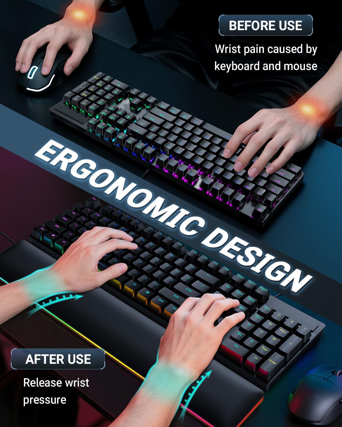 RGB Keyboard Wrist Rest, Wooden Wrist Rest for Computer Keyboards