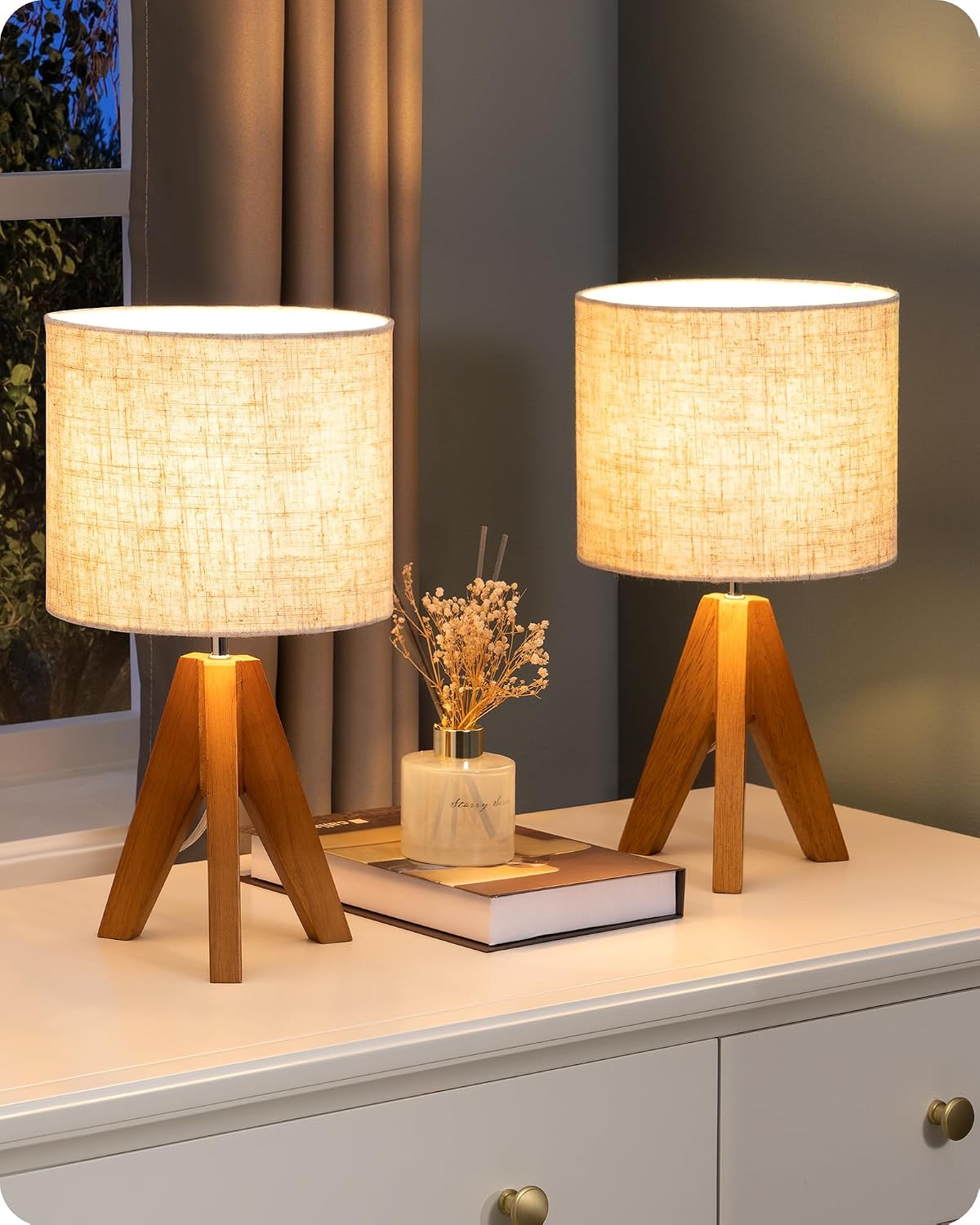 EDISHINE Small Table Lamp, Wooden Tripod Nightstand Lamp, 14.2", 2 Pack