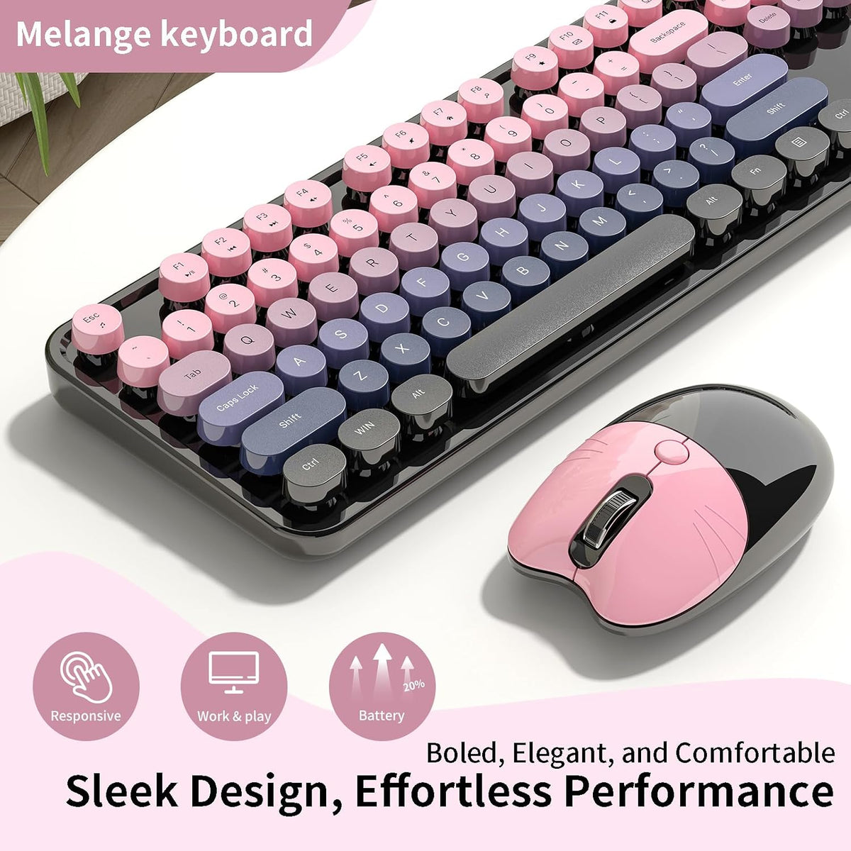 Wireless Keyboard and Mouse, MOFII 104 Round Keycaps Retro Typewriter with OT...