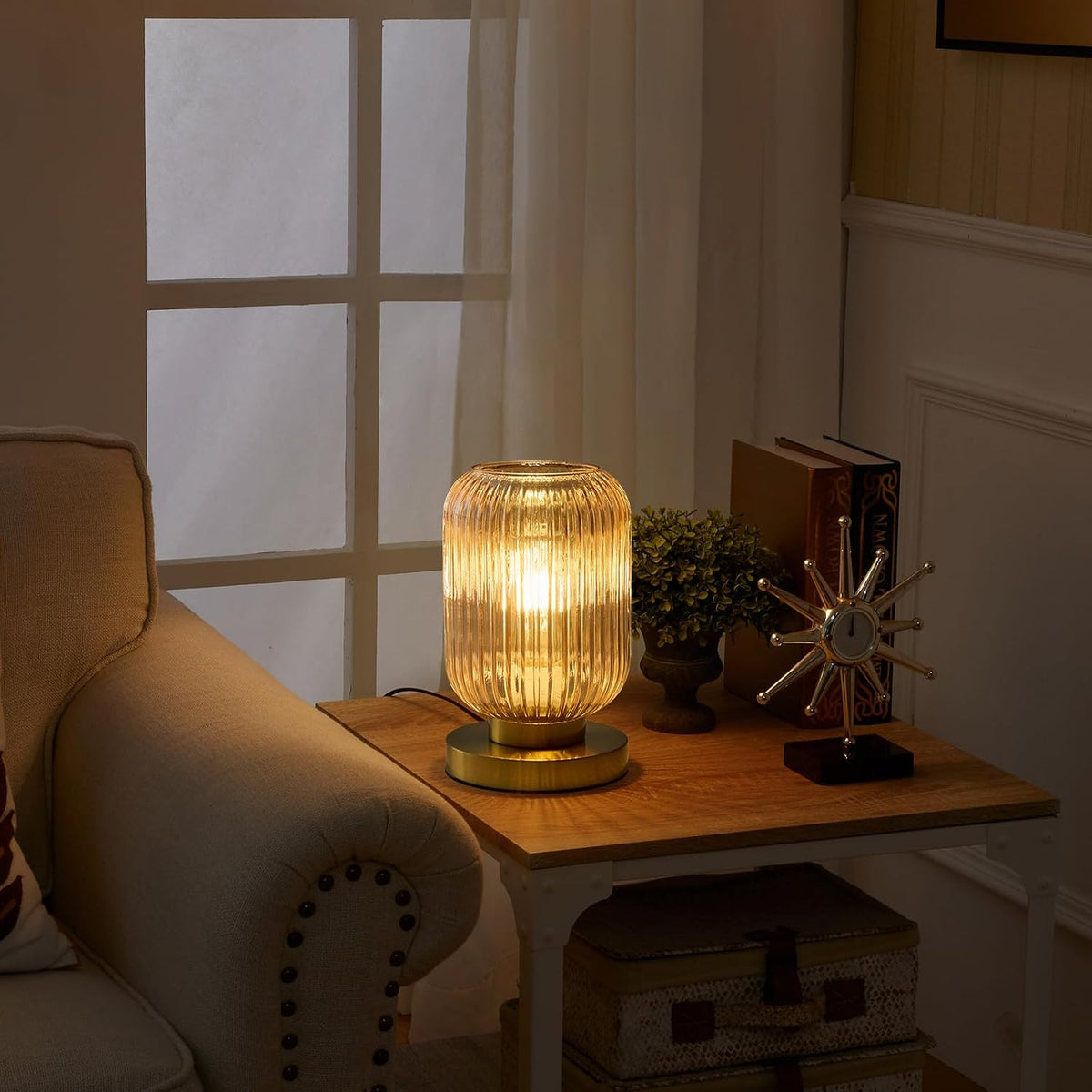 Amber Glass Table Lamp,Vintage Gold Base Ribbed Bedside Lamp