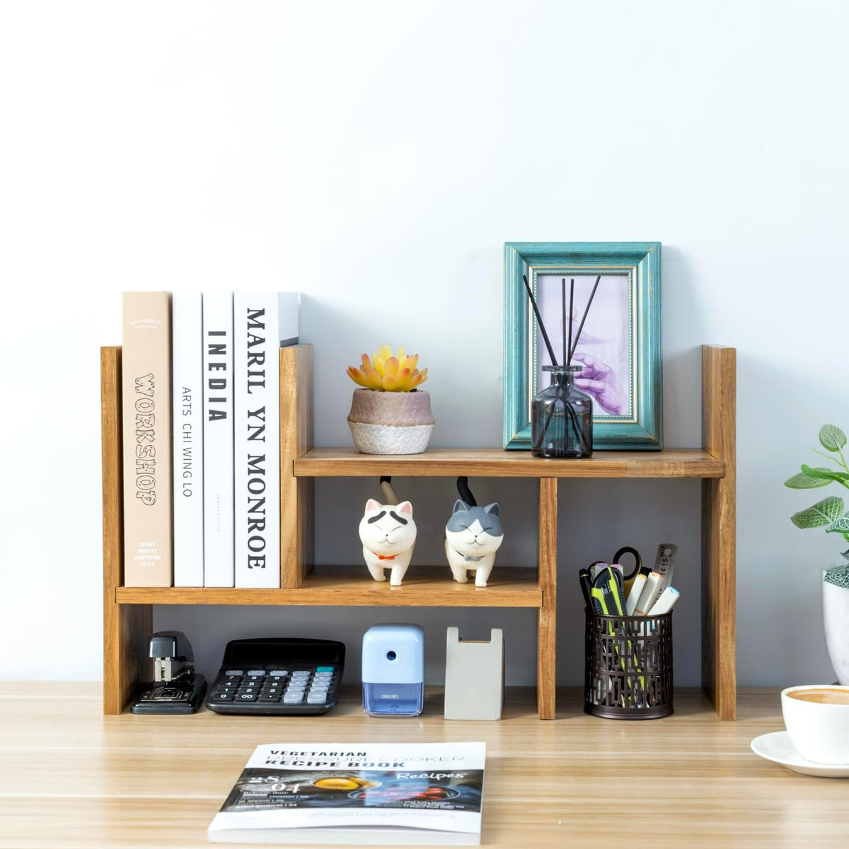 MyGift Premium Acacia Solid Wood Adjustable Desktop Book Shelf with Fluted Si...