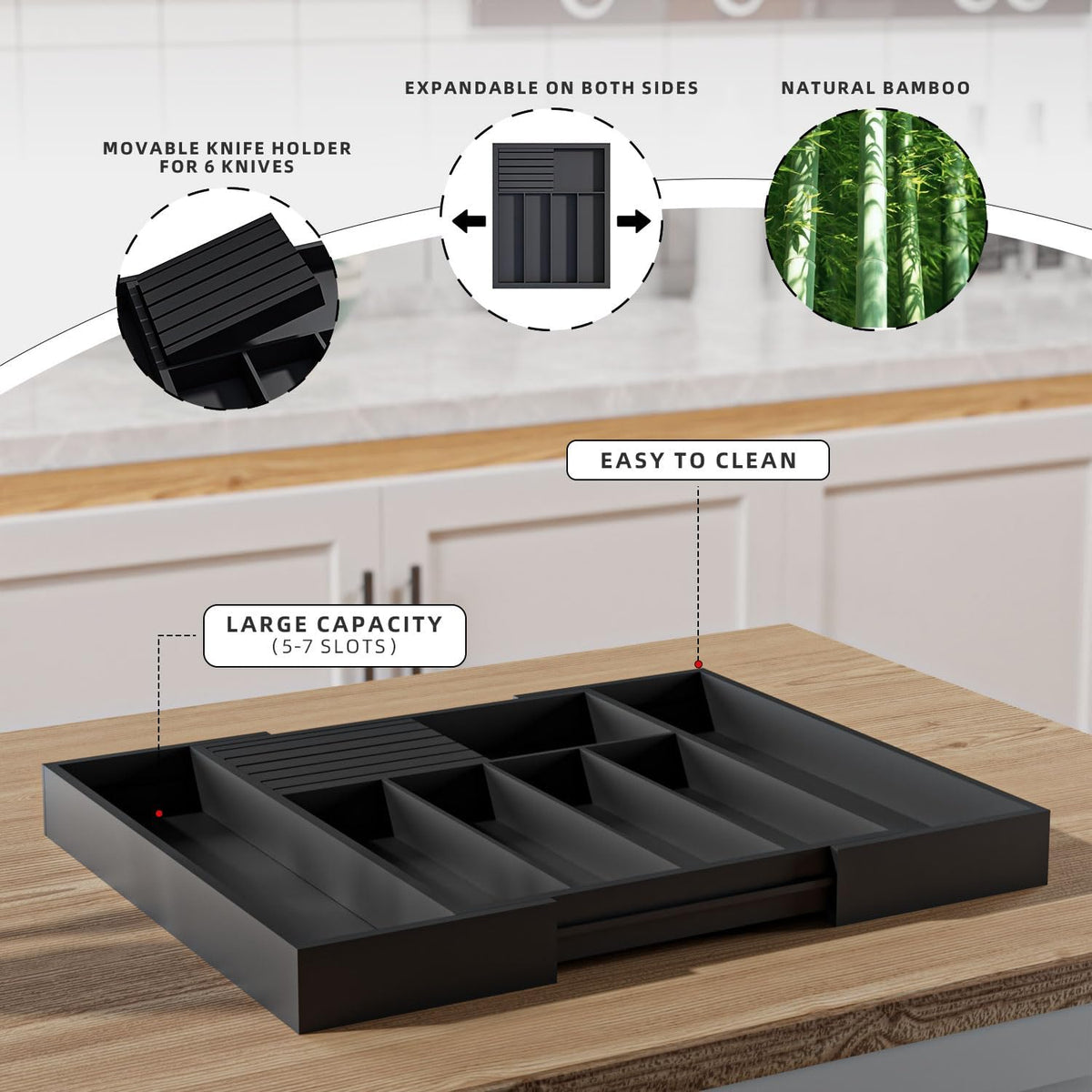 Utensil Organizer Silverware Tray for Drawer - Bamboo Knife Drawer Organizer ...