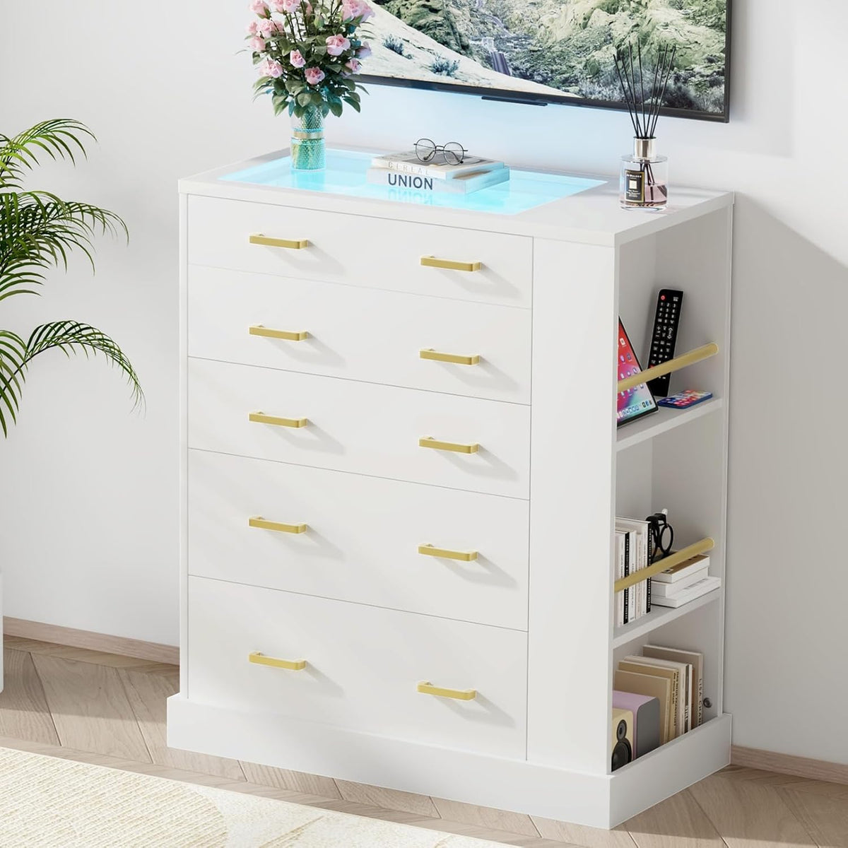 Drawer Dresser with Glass Top, LED Lights, 3 Open Shelves
