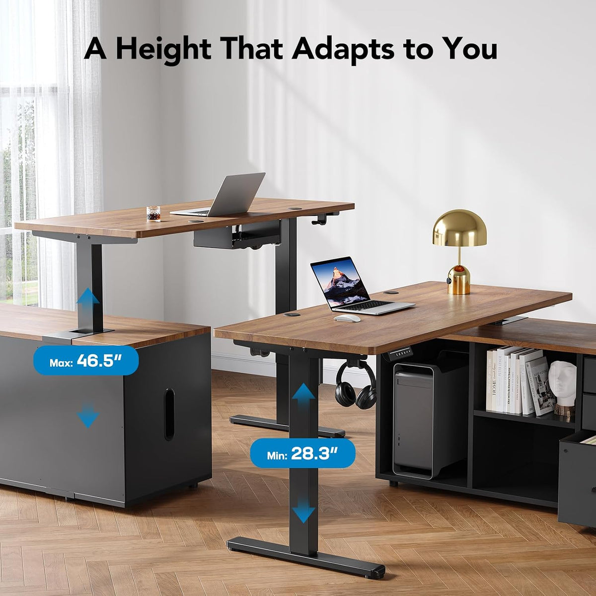 HUANUO 55″ L Shaped Standing Desk with Drawers, Height Adjustable,Walnut