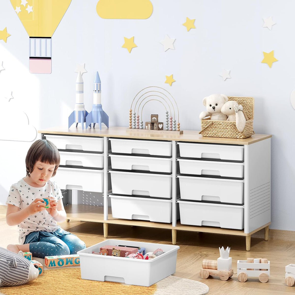 TOOLF 12 Drawers Storage Cabinet with Wooden Top and Plastic Bins, White