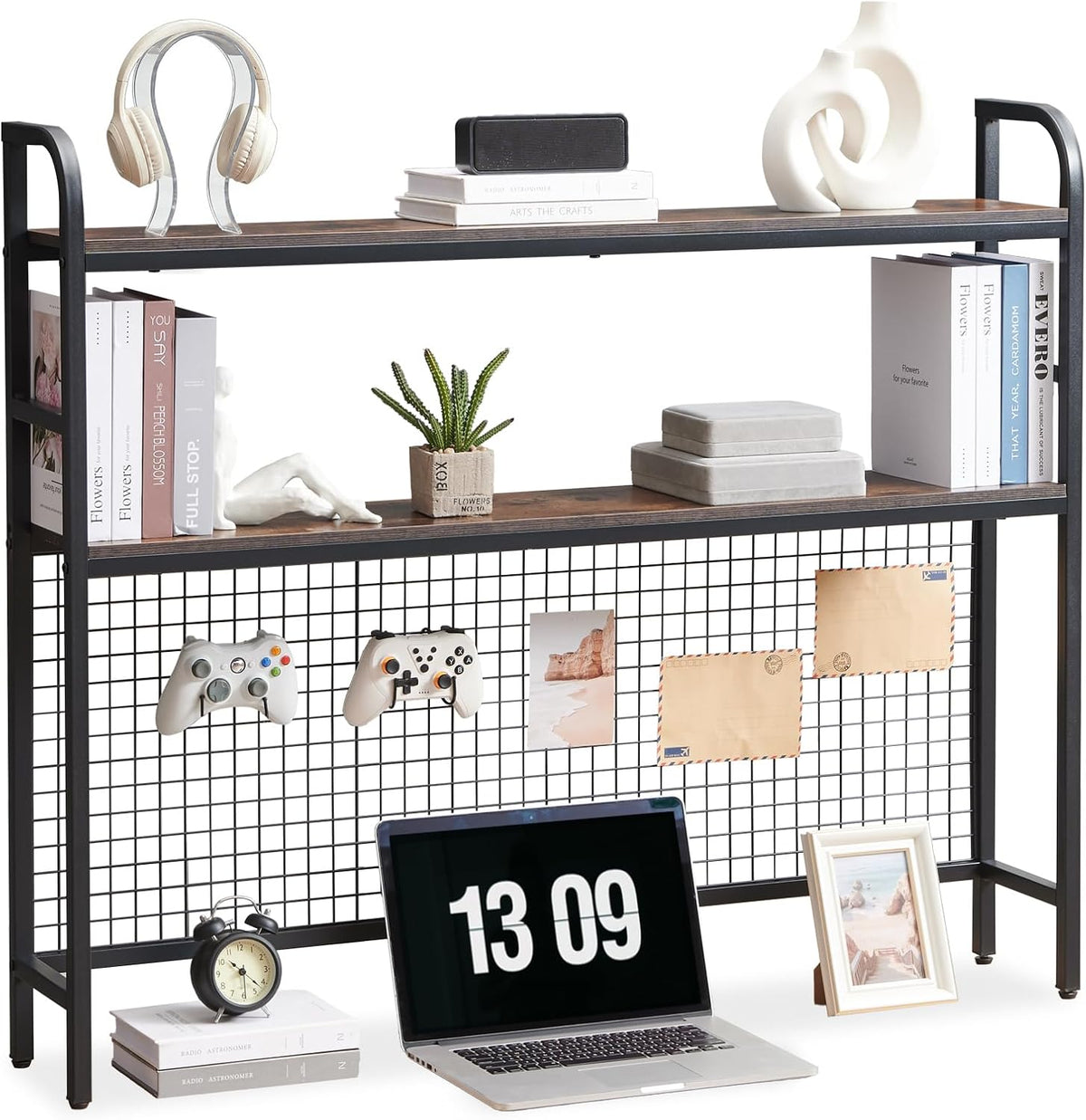 Desk Shelf, 45.3” Desktop Organizer Shelf with Grid Panel and Hooks, Desk Hut...