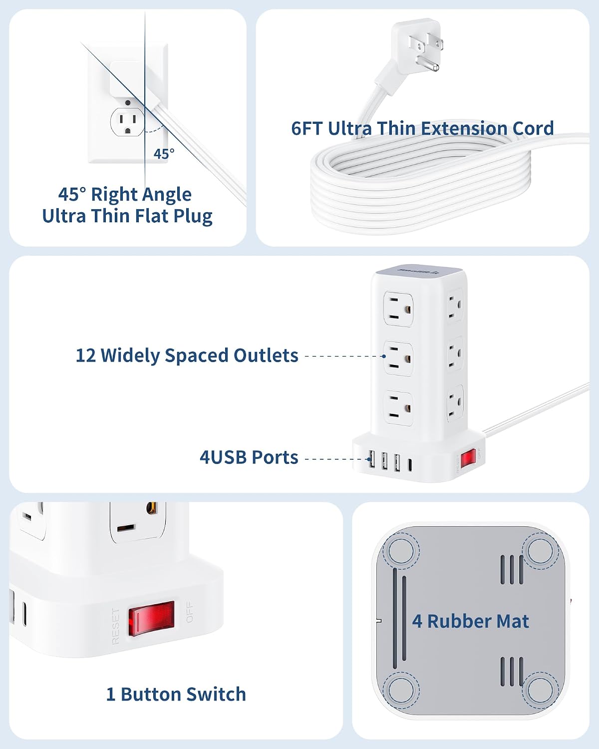 Extension Cord with Multiple Outlets, SMALLRT Flat Plug Power Strip Tower wit...