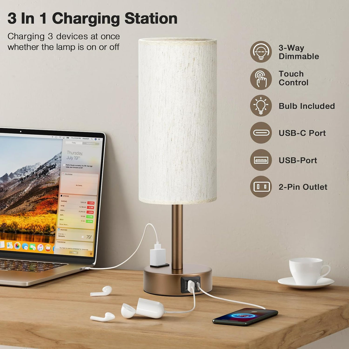 Fenmzee Brown Bedside Lamp for Bedroom, Dimmable Touch, USB A+C, AC Outlet