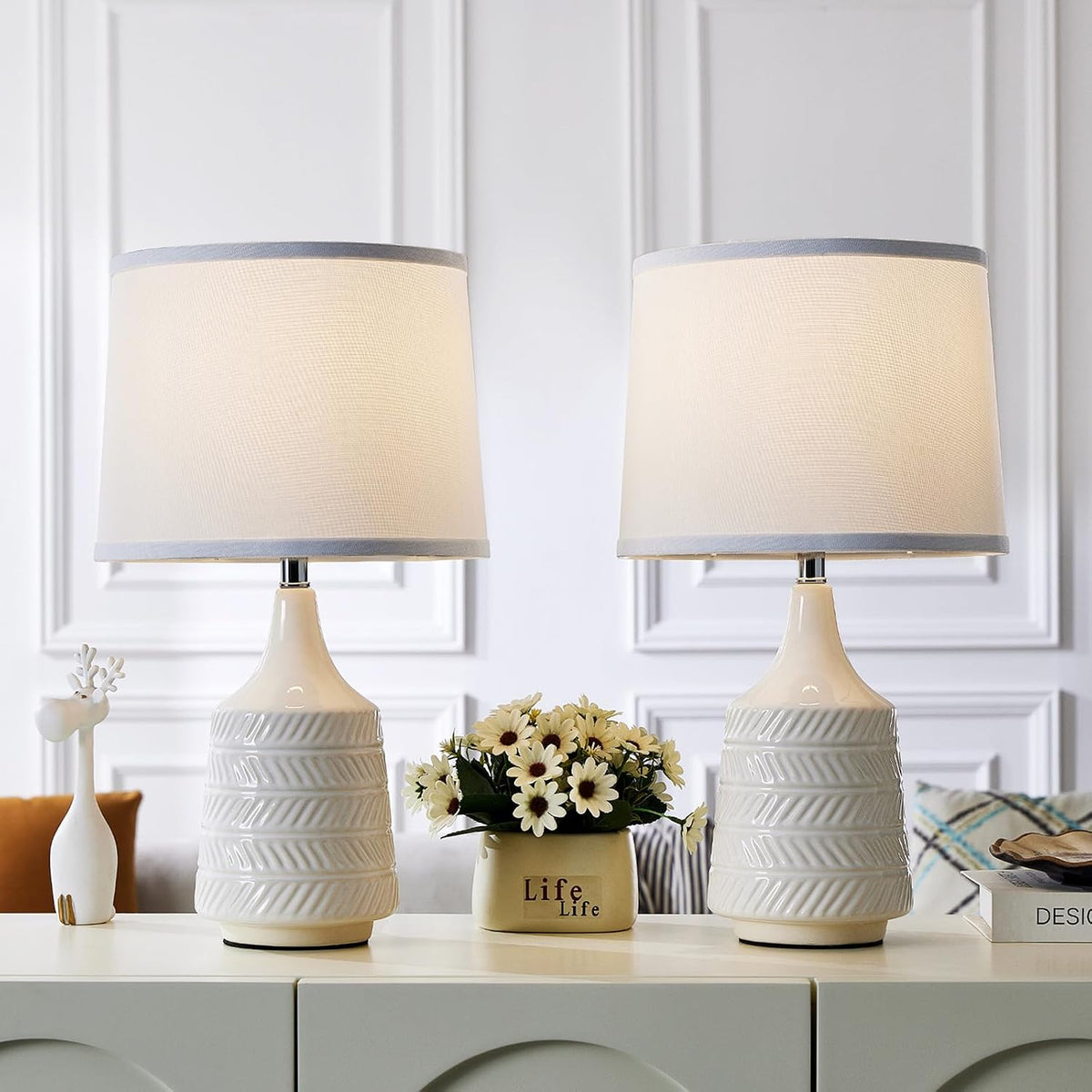 White Ceramic Table Lamps Set of 2, 18.5" Modern Bedside Lamps for Night...