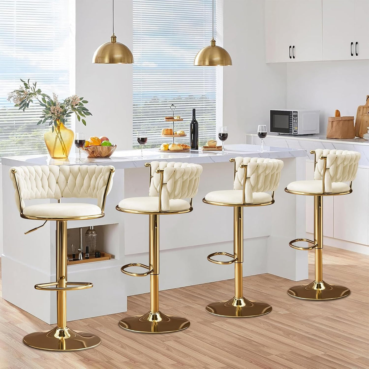 Beige Velvet Bar Stools Set of 4, Adjustable Counter Height