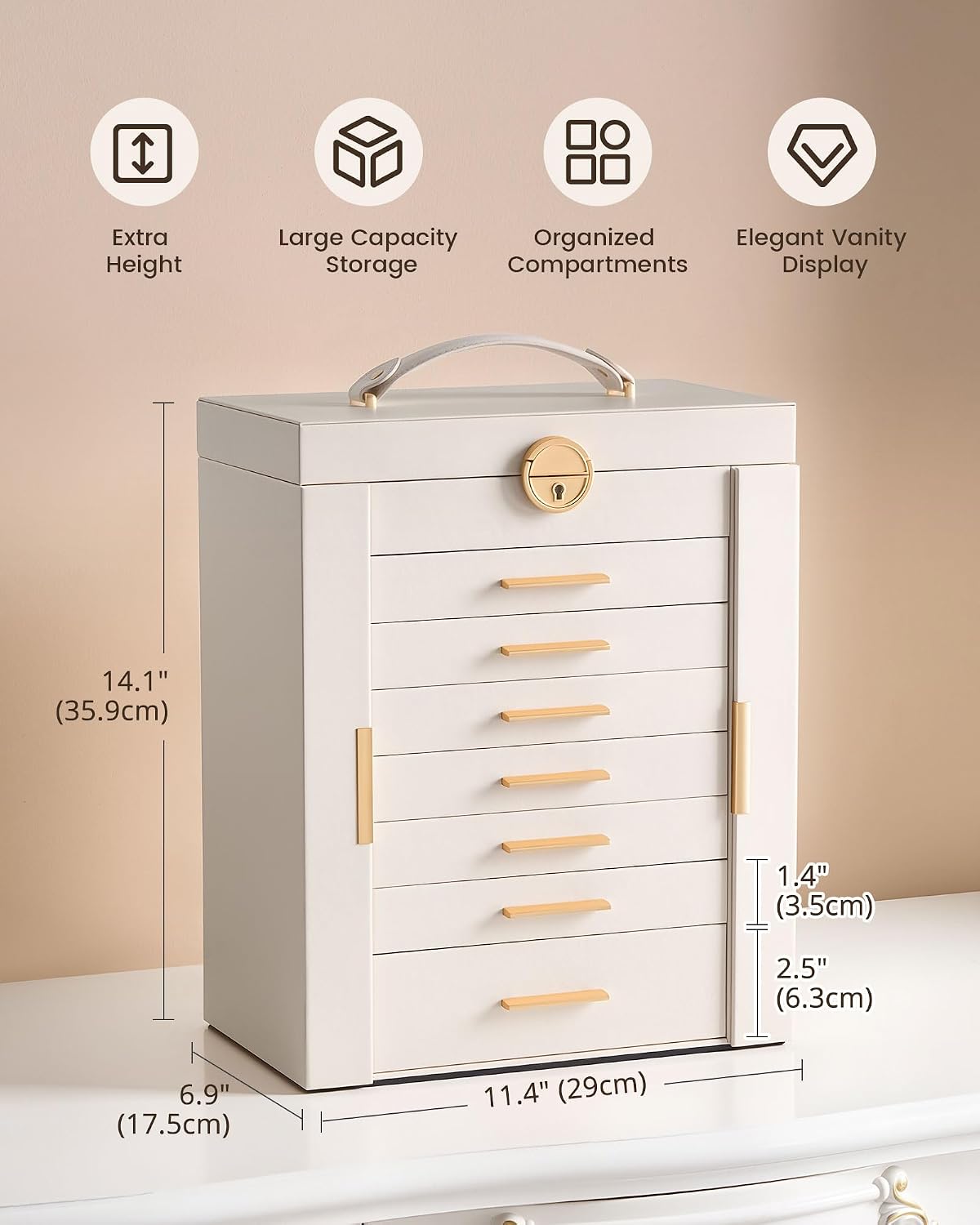 Lolalet Large Jewelry Box, 8-Layer Jewelry Organizer with 7 Drawers -Beige