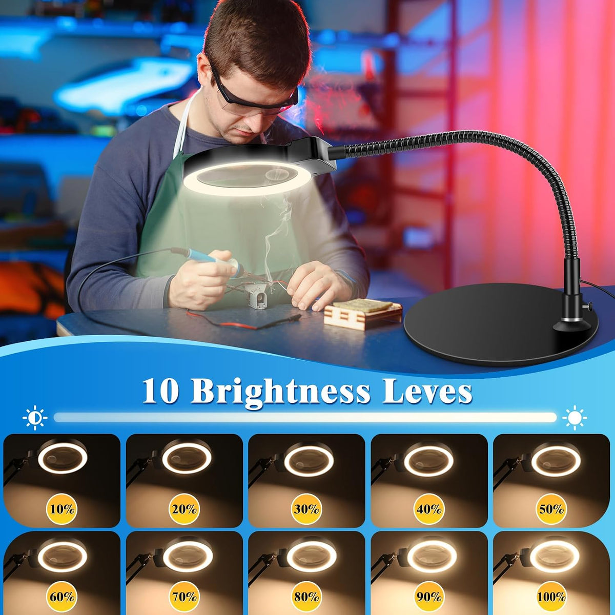 10X 30X Magnifying Glass with Light and Stand, LED Desk Lamp for Close Work