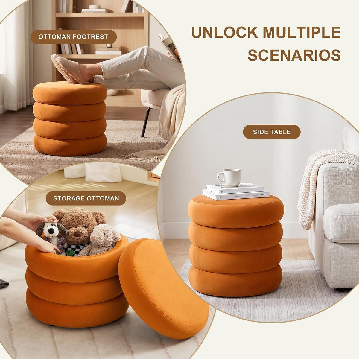 Round Velvet Storage Ottoman Set of 2, Tufted Vanity Stool for Dorm