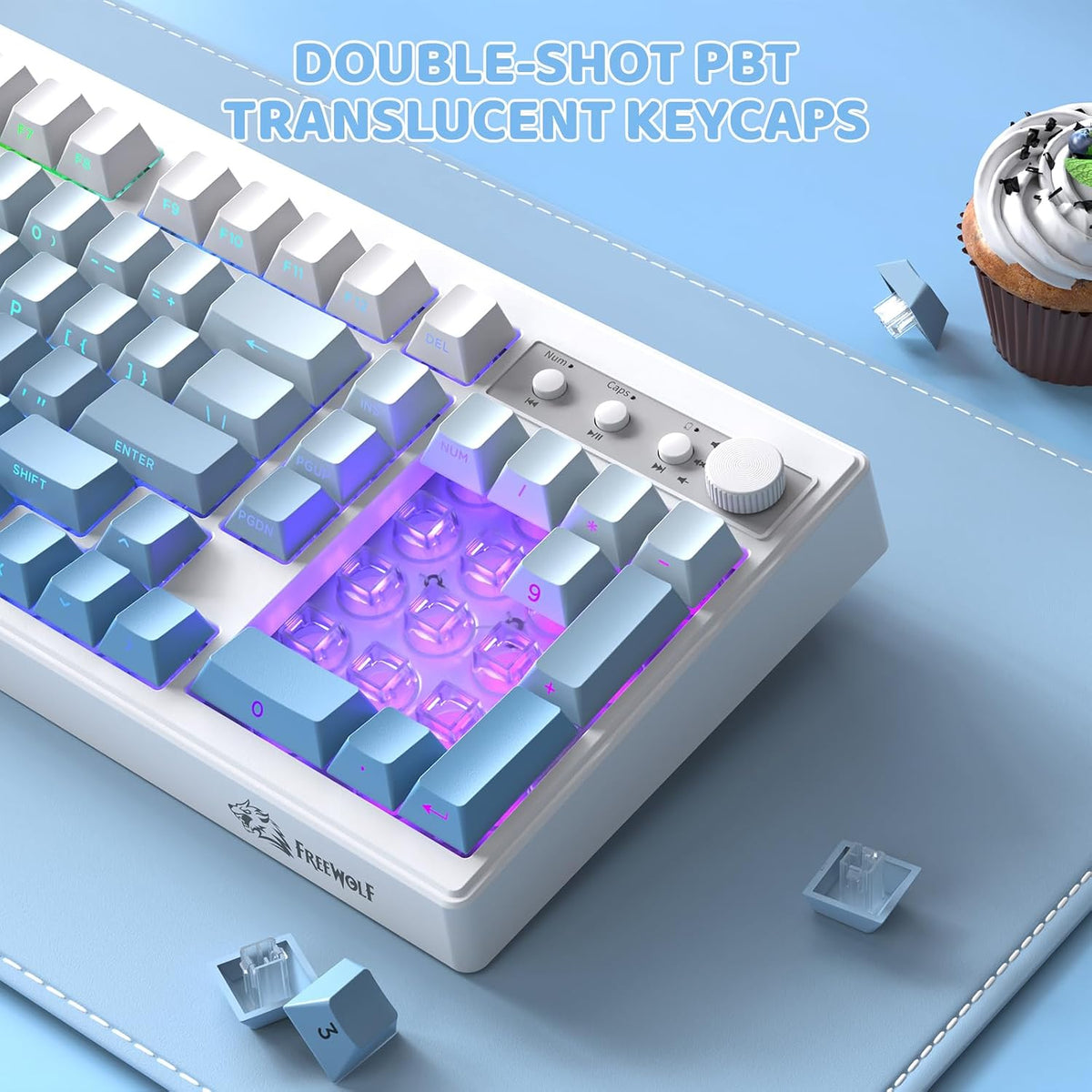 FREEWOLF K100 99 Keys Gaming Membrane Wireless Keyboard with Media Knob,Tri-M...