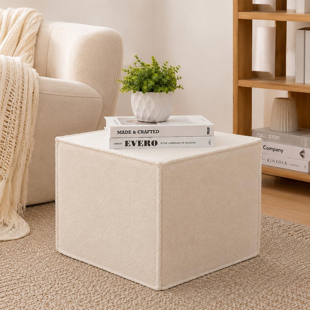 Square Ottoman Foot Rest,Small Pouf for Couch - Boucle Upholstered Foot Stool...
