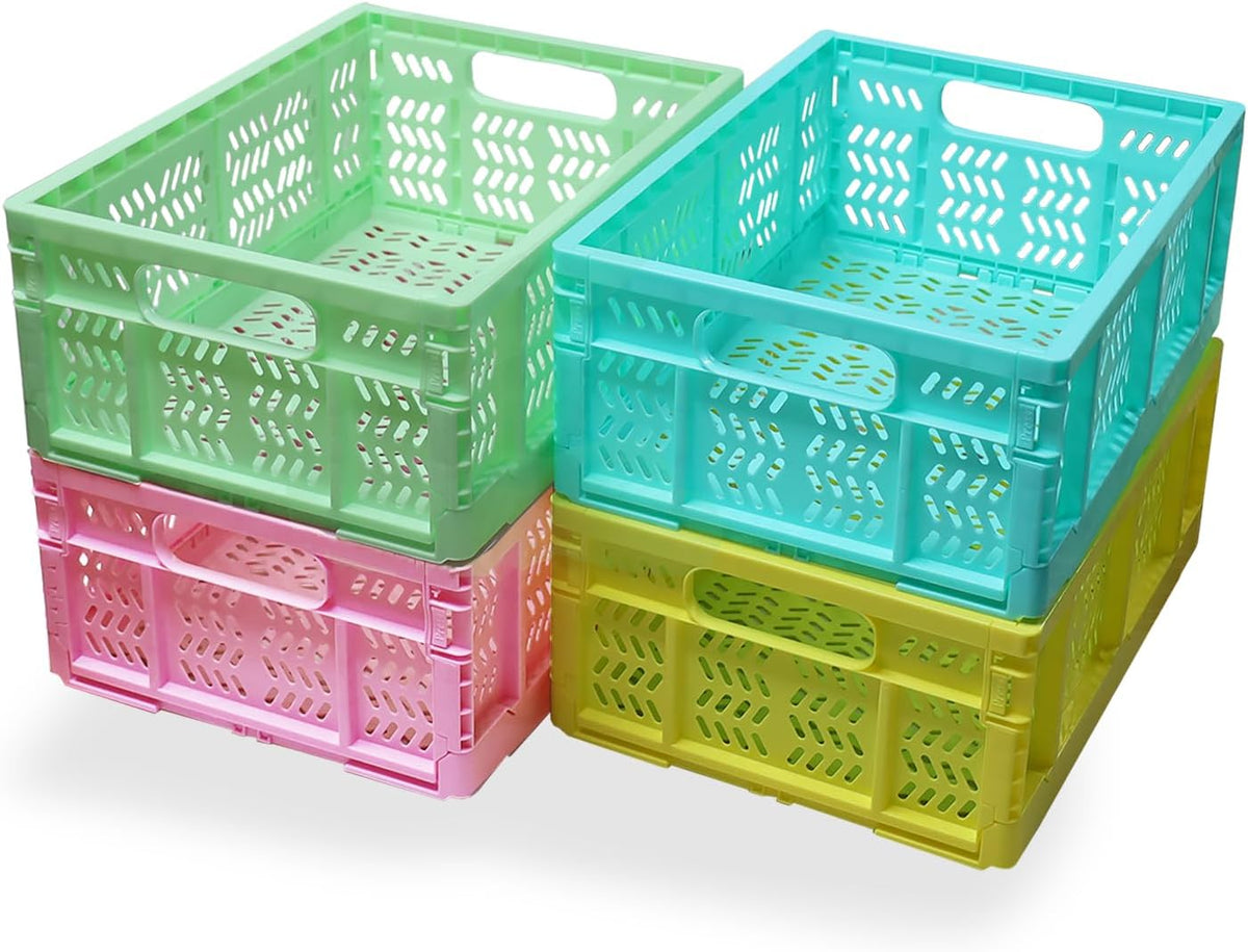20L Folding Crate, 4Pack Plastic Storage Baskets Organizer for Home and Offic...