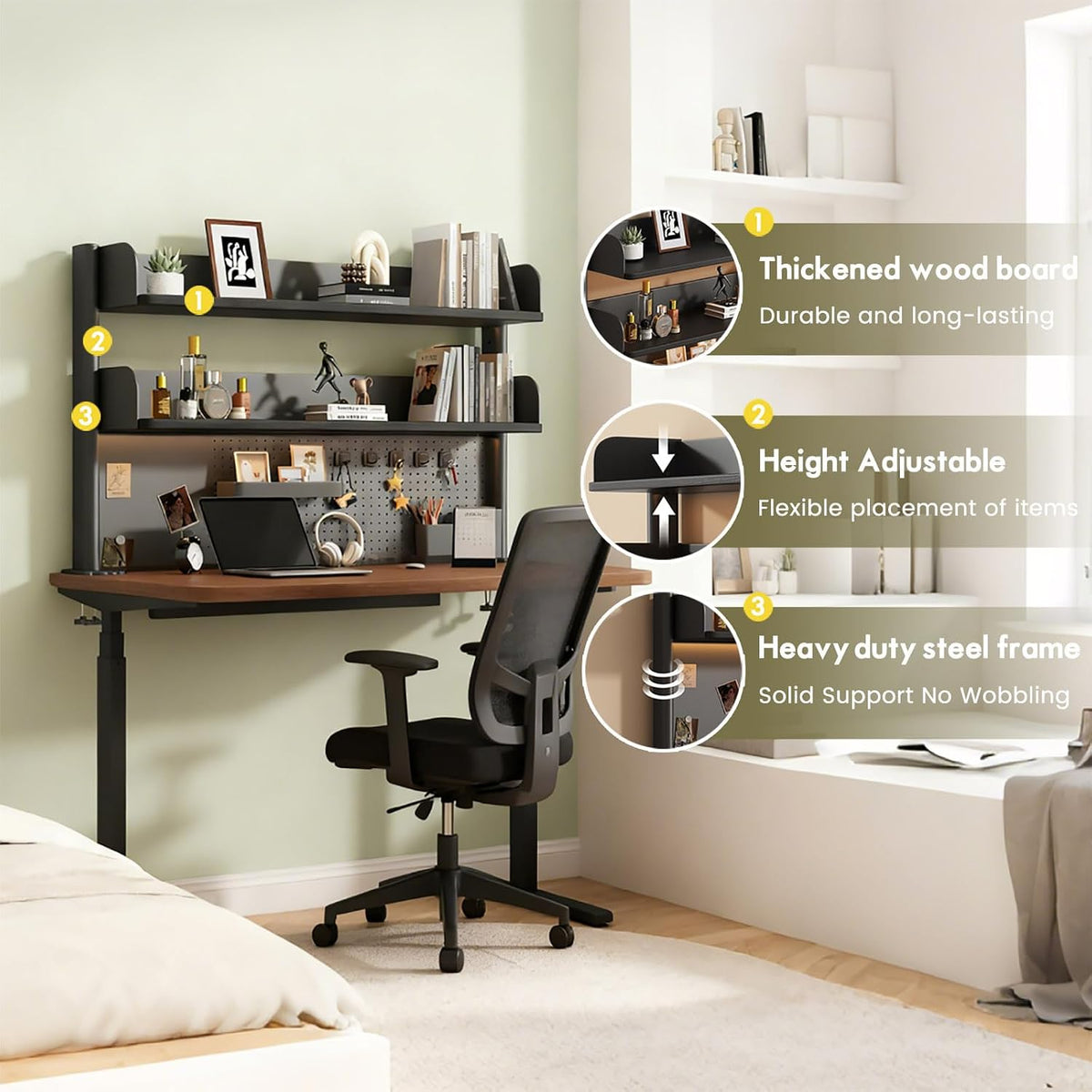 Clamp On Desk Shelf Organizer with Pegboard Desk Hutch Dorm with Storage Book...