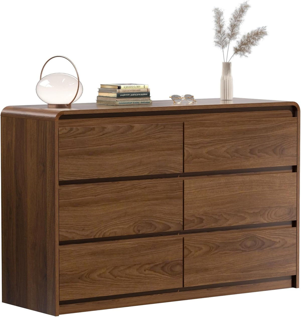 6 Drawer Dresser, 47" Wide Walnut Dresser Wooden Dresser for Bedroom