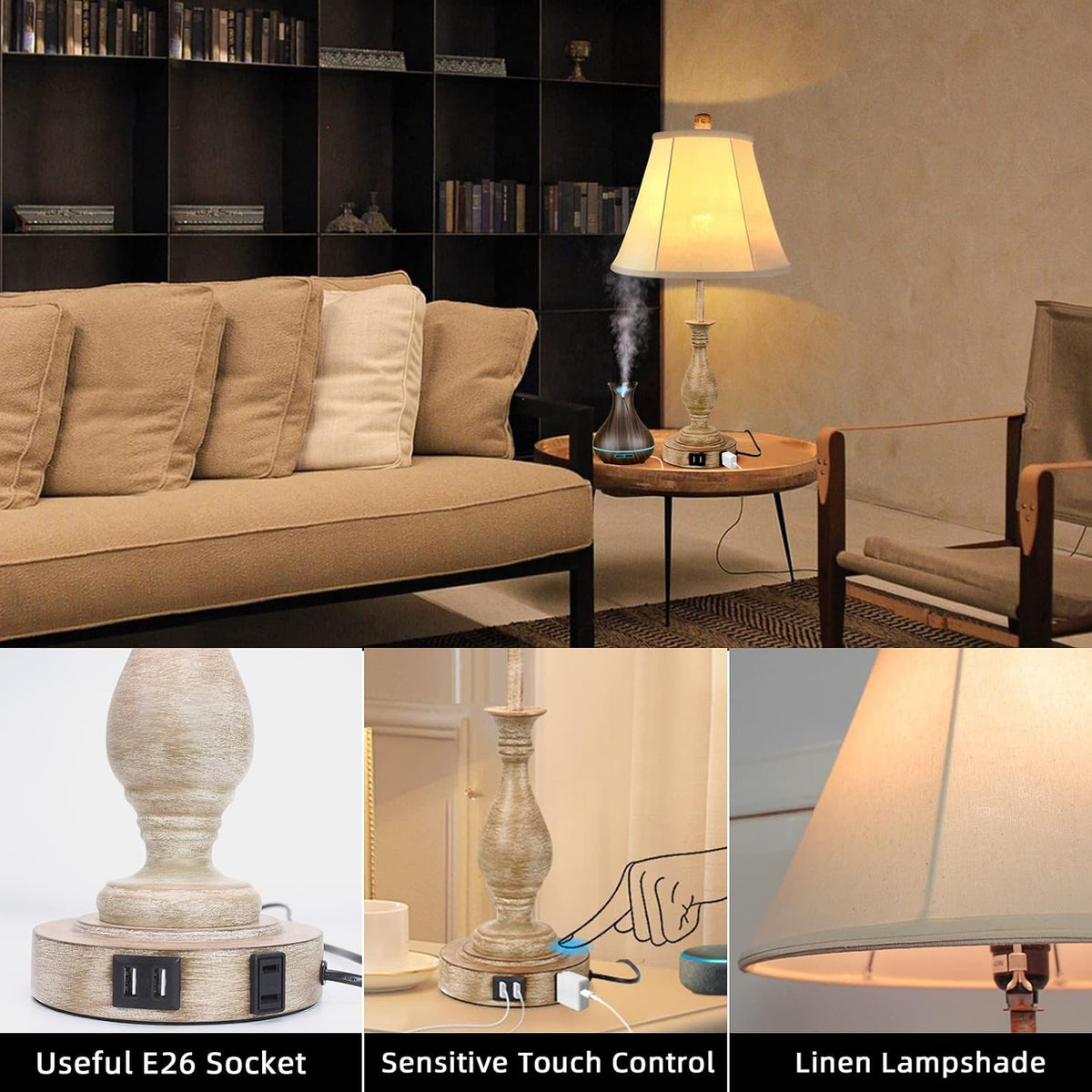 LALISU Farmhouse Table Lamp Touch Control 3-Way Table Lamp with USB Charge