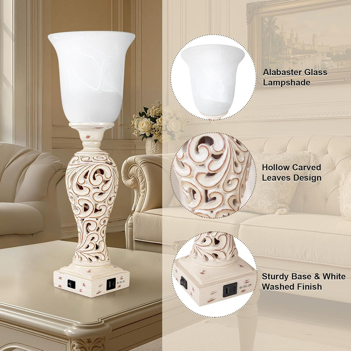 20" Bedside Lamp for Bedroom, 3-Way Dimmable Bulb Include, Washed White