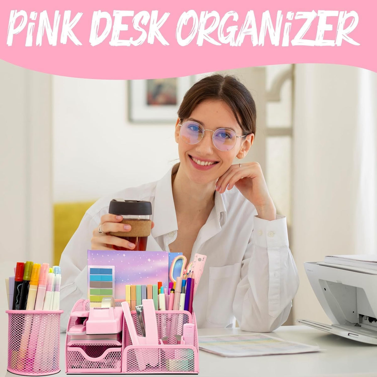 Pink Office Supplies, 17Pcs Pink Desk Accessories Set Include Stapler, Mesh D...