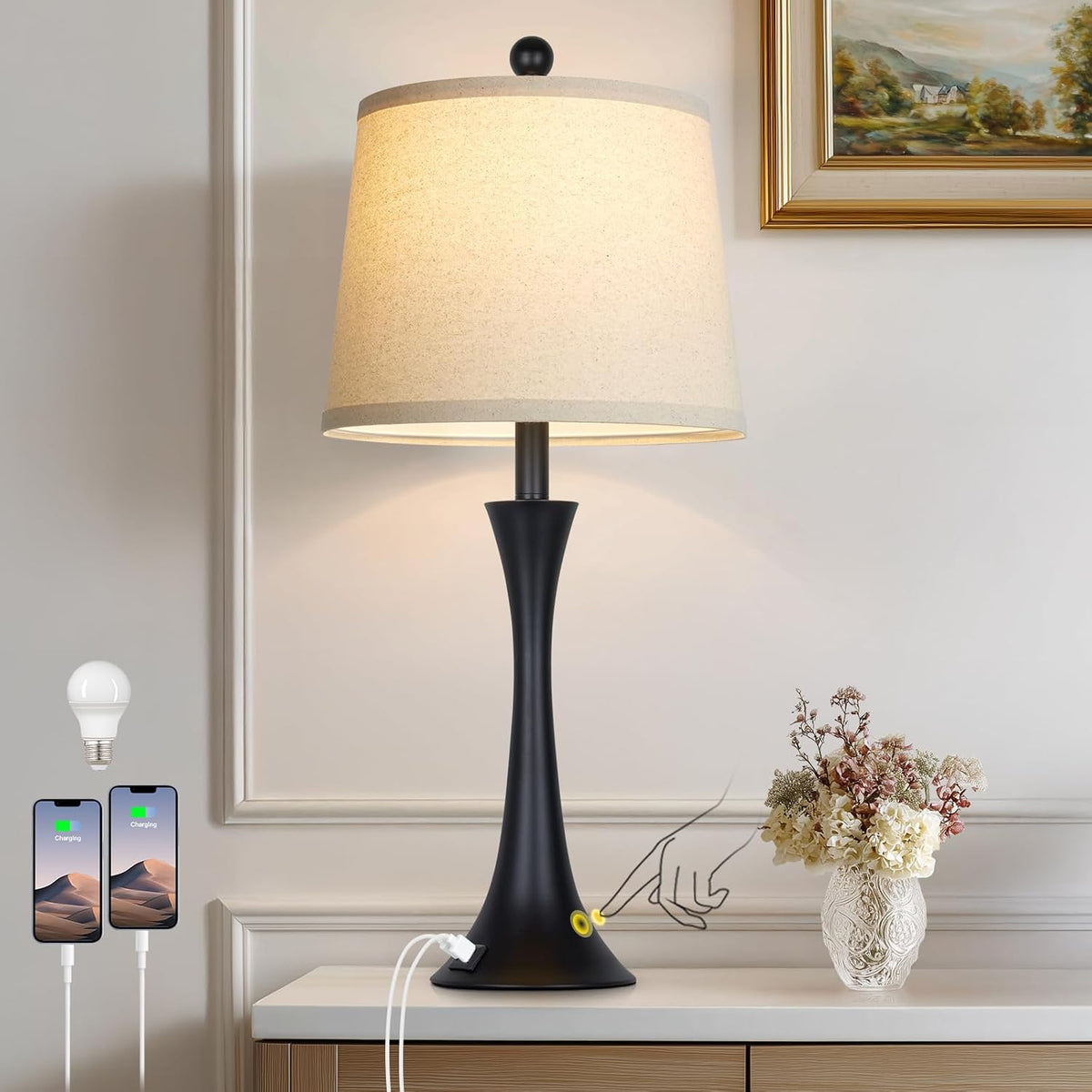 27.5" Black table Lamps for Living Room, Touch Control 3-Way Dimmable Be...