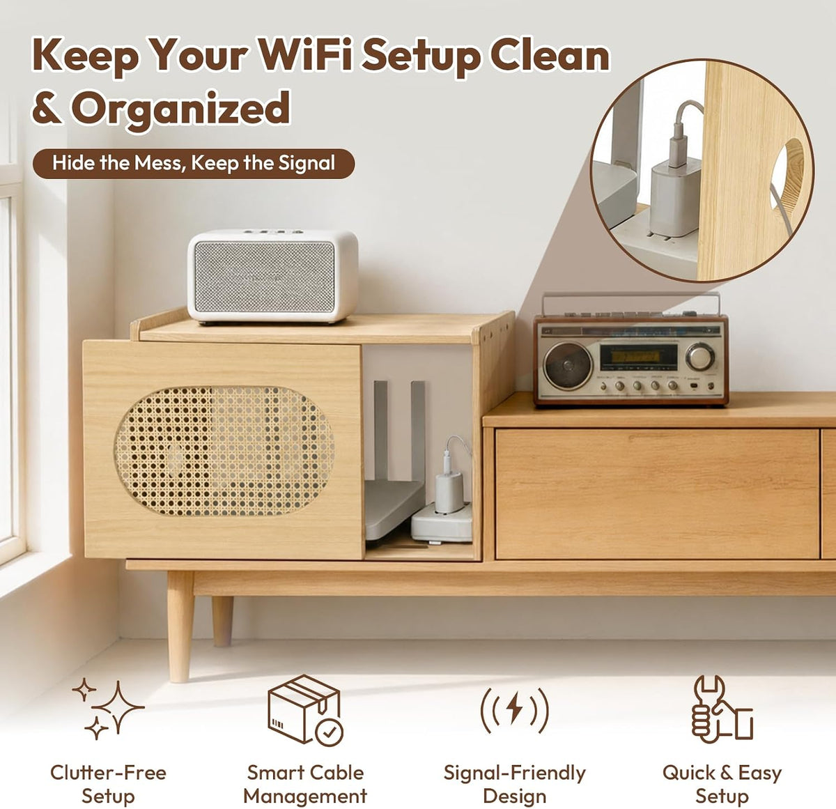 Natural Wood Router Box Hider with Rattan Doors, Tabletop Cable Management Ca...