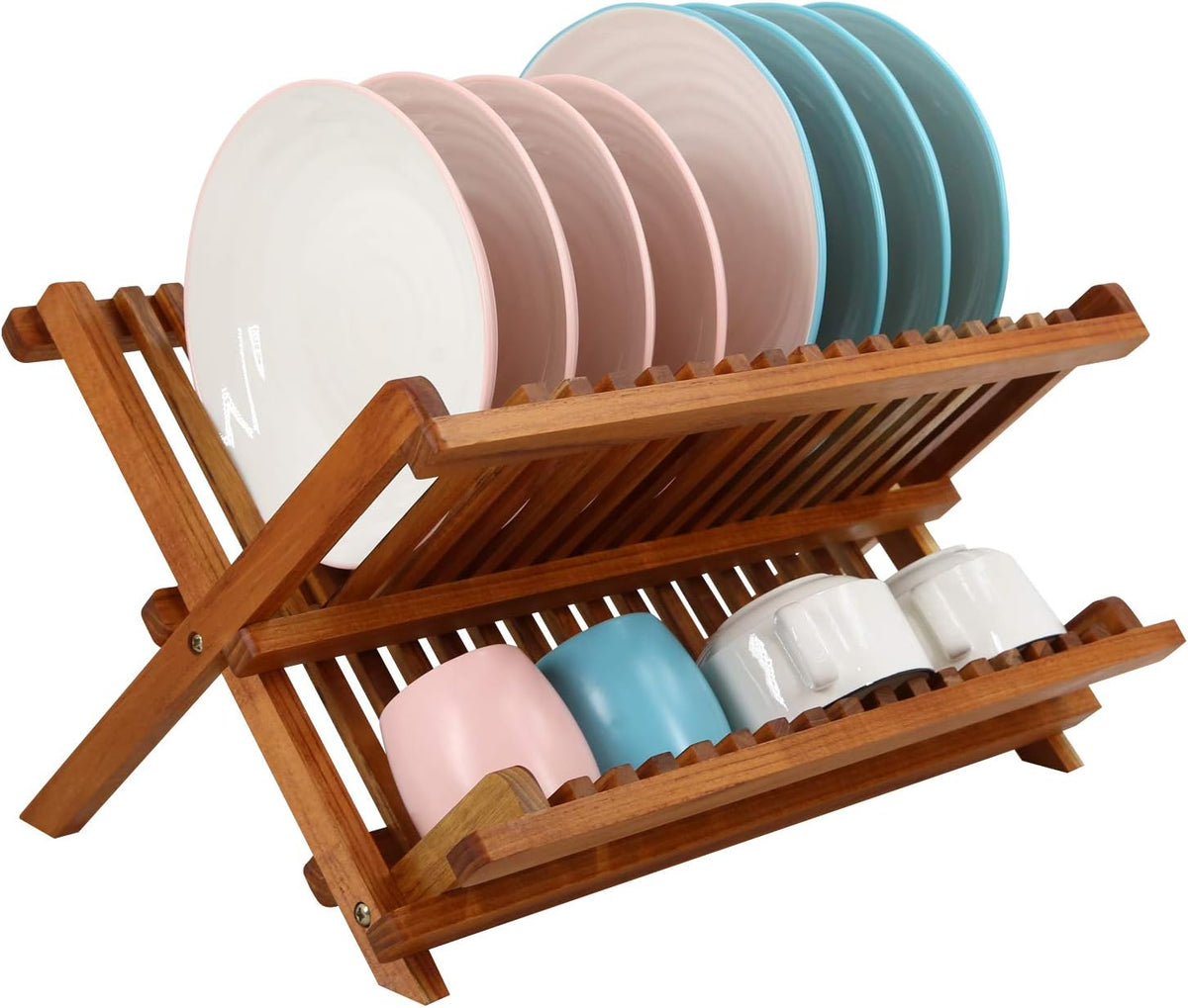 Utoplike Teak Wood Dish Drying Rack, Foldable Plate Organizer Countertop