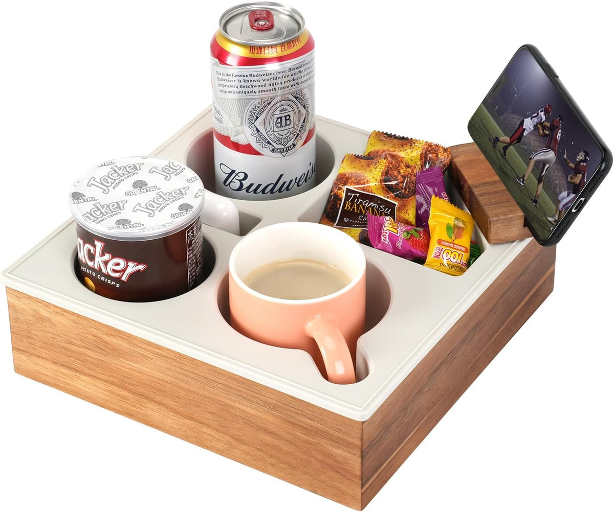 Couch Cup Holder Tray, Handy Soft Silicone Acacia Wooden Couch Caddy for Bed ...
