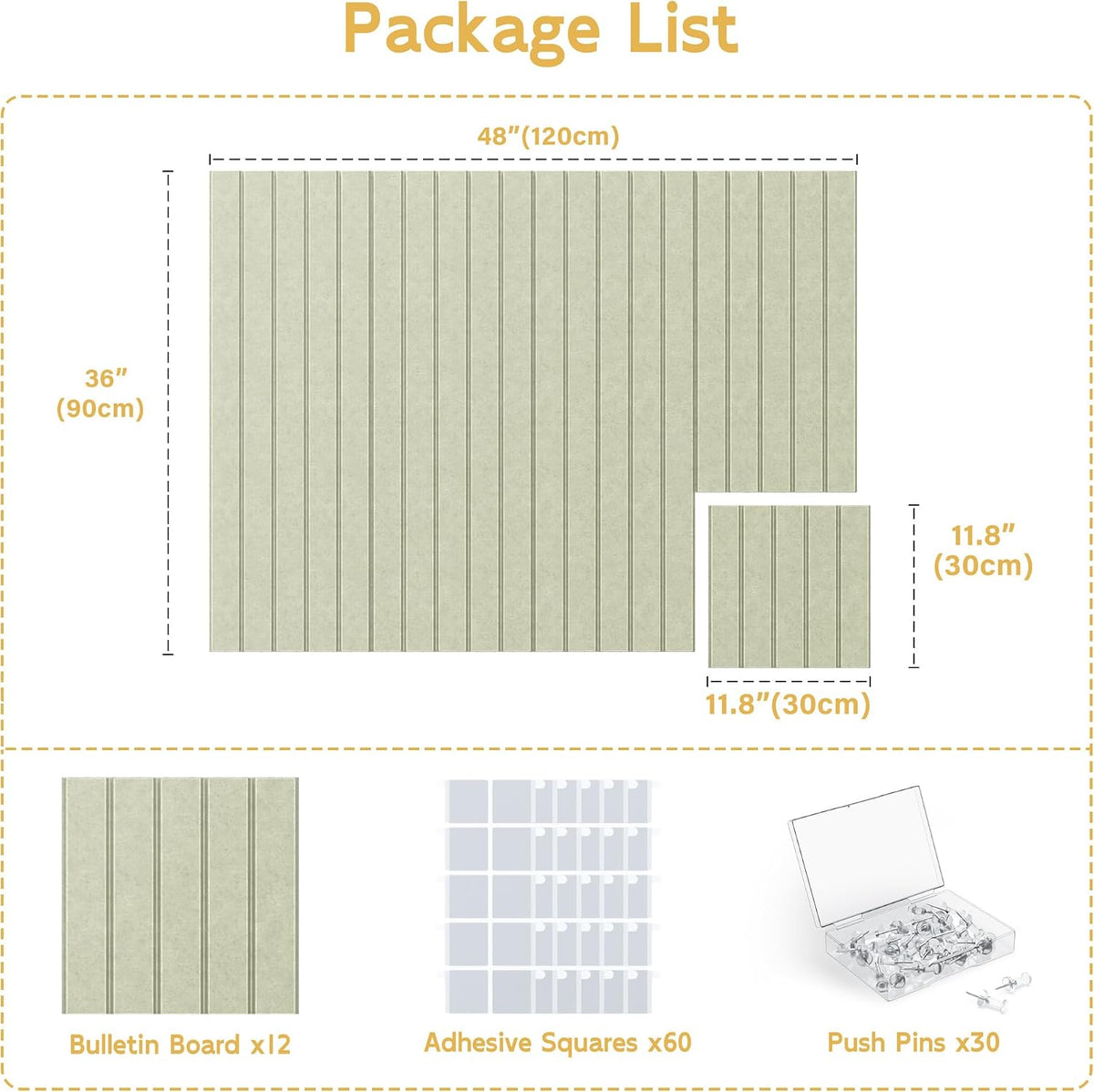 Large Cork Board for Walls Bold-Stripe Bulletin Board with 60 Adhesive Tabs